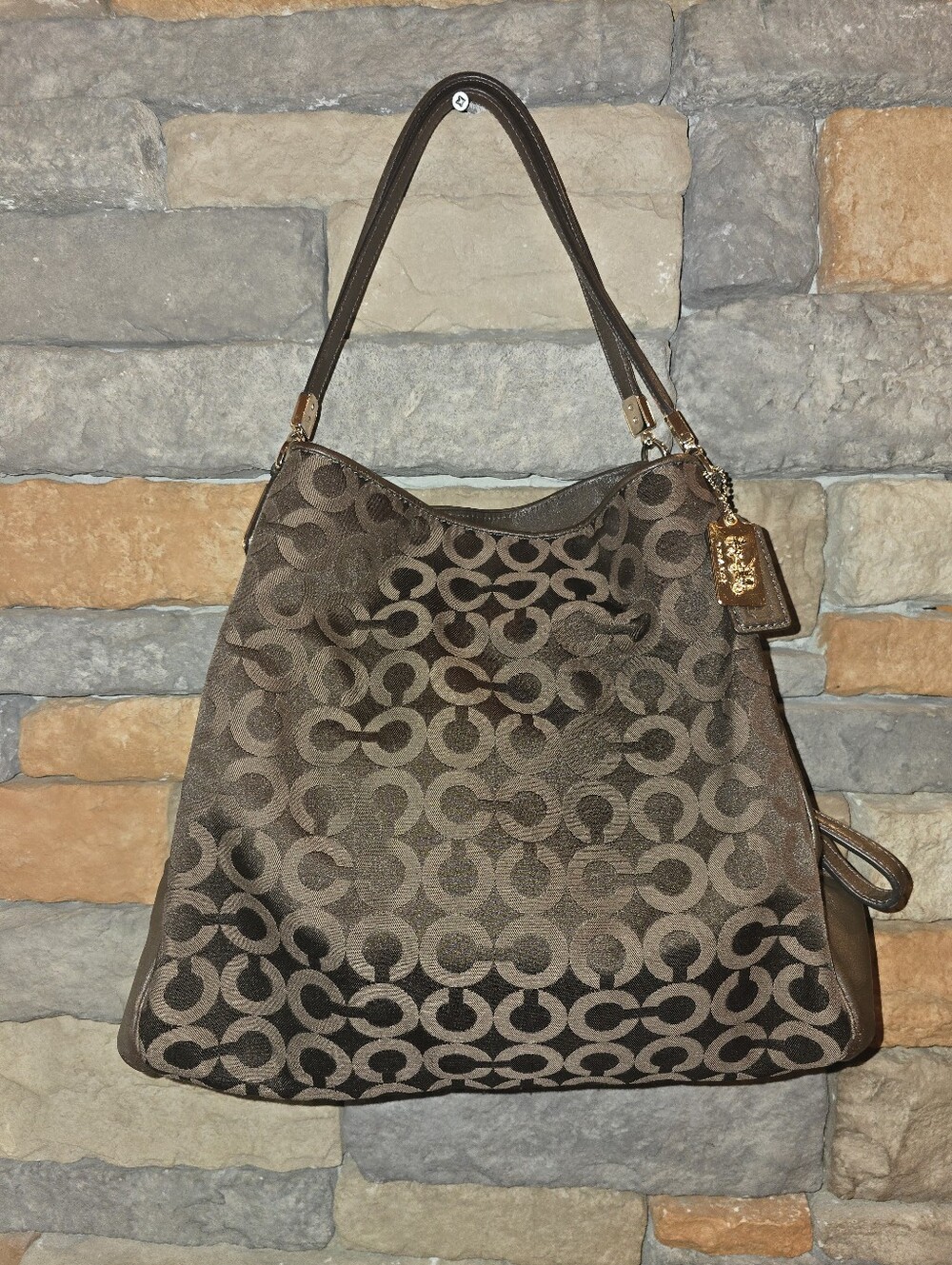 COACH F34293 Madison Op Art Phoebe Shoulder Bag Handbag Brown Gold *Please Read*